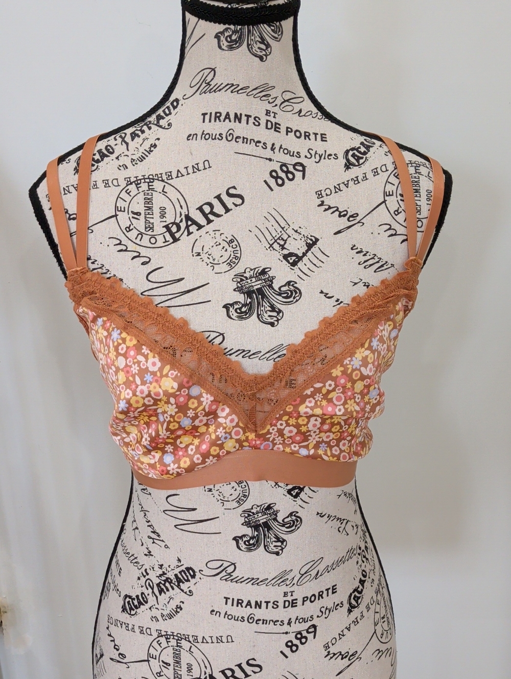 AERIE | Women's Tan Floral Double Crossover Strap Unlined V-Neck Bralette